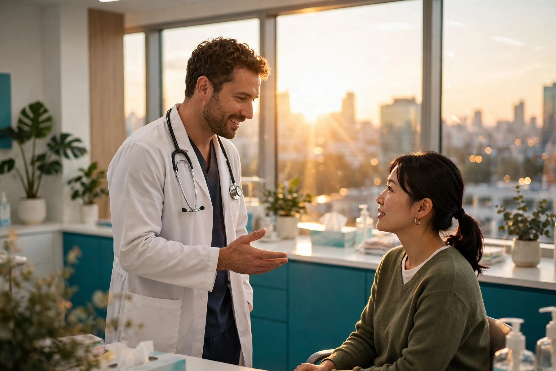 Médico conversando cálidamente con una paciente en un consultorio luminoso al atardecer