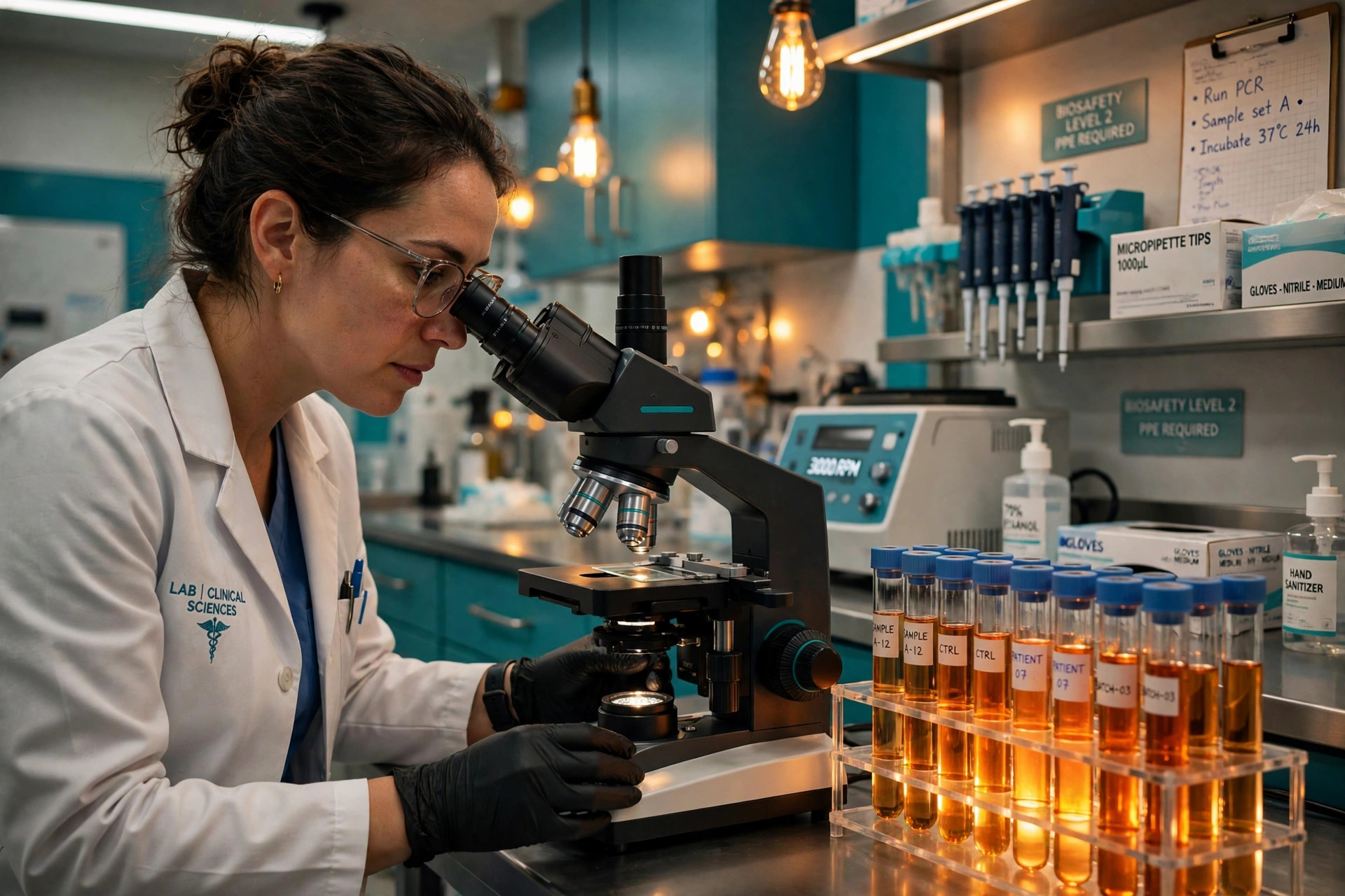 Profesional de laboratorio examinando muestras con un microscopio